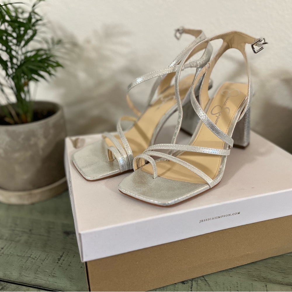 Brand new Jessica Simpson strappy silver heels 8.5 sz